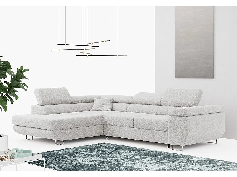 Ecksofa GUSTAW - mit Schlaffunktion, verstellbare Kopfstützen, Metallbeine - Hellgrau Boucle - Ecke Links