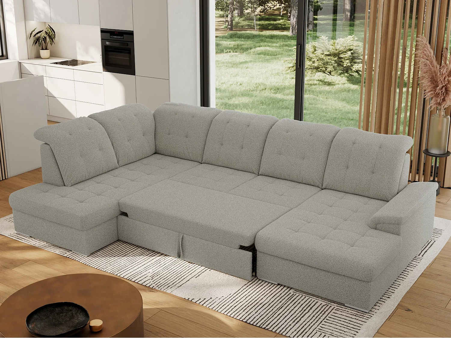 Ecksofa MADRITO U - mit verstellbarer Rückenlehne, Armlehne, L-förmige Ecke, Bettkasten - Hellgrau Boucle - Ecke Links