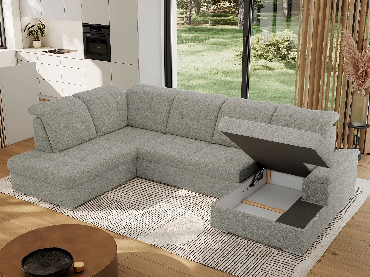 Ecksofa MADRITO U - mit verstellbarer Rückenlehne, Armlehne, L-förmige Ecke, Bettkasten - Hellgrau Boucle - Ecke Links
