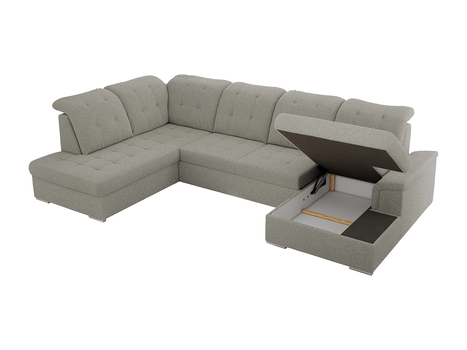 Ecksofa MADRITO U - mit verstellbarer Rückenlehne, Armlehne, L-förmige Ecke, Bettkasten - Hellgrau Boucle - Ecke Links