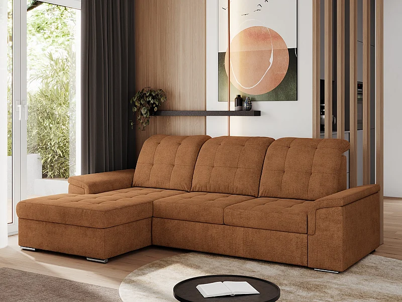 Ecksofa MADRITO - mit verstellbarer Rückenlehne, Armlehnen, gestepptem Sitz und Rückenlehne, Schlaffunktion - Orange Struktur - Ecke Links