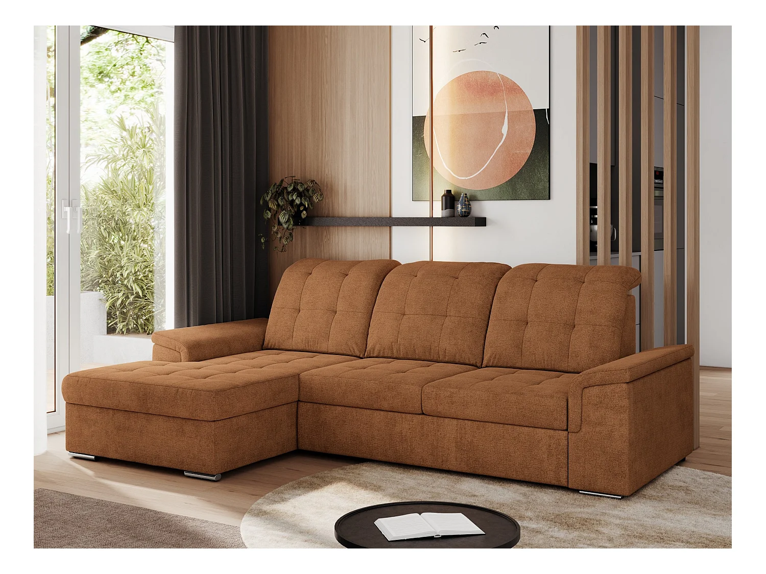 Ecksofa MADRITO - mit verstellbarer Rückenlehne, Armlehnen, gestepptem Sitz und Rückenlehne, Schlaffunktion - Orange Struktur - Ecke Links