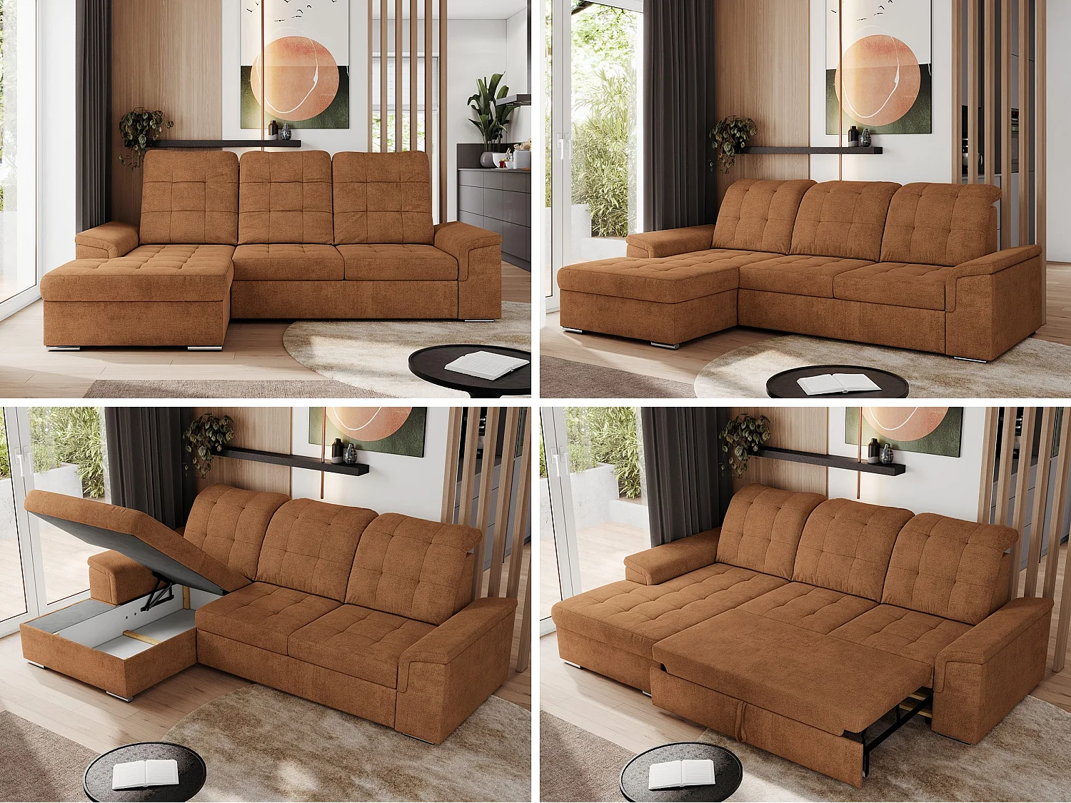 Ecksofa MADRITO - mit verstellbarer Rückenlehne, Armlehnen, gestepptem Sitz und Rückenlehne, Schlaffunktion - Orange Struktur - Ecke Links