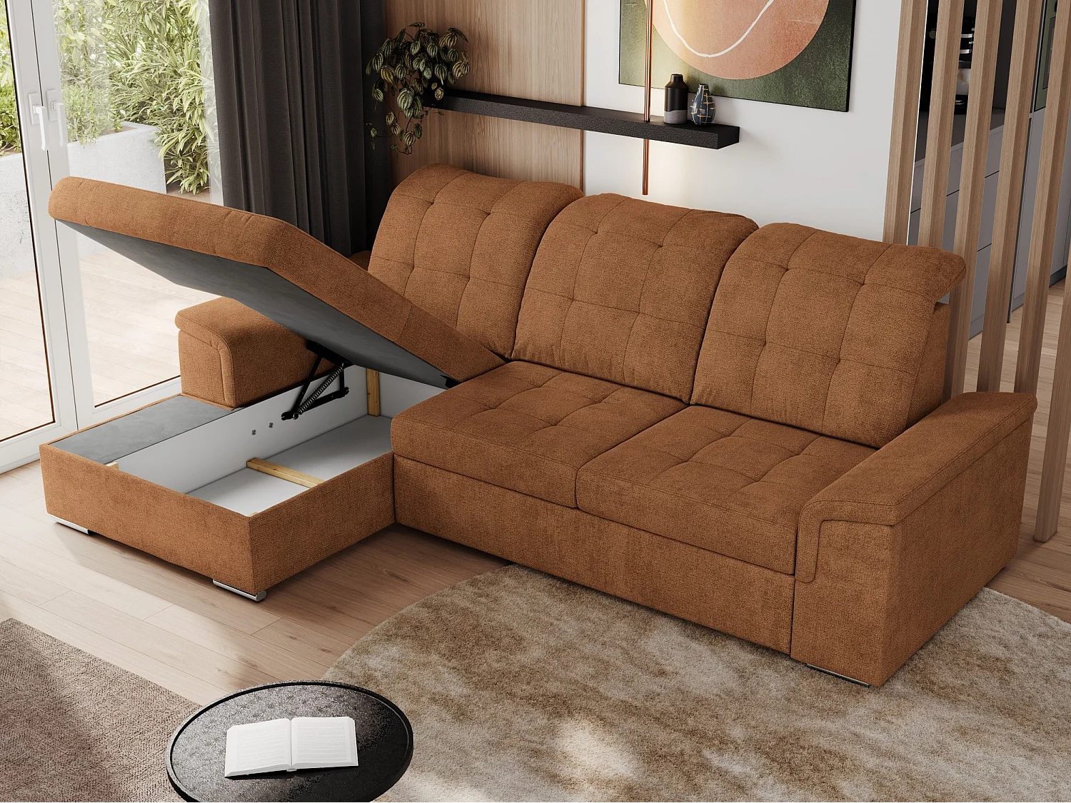 Ecksofa MADRITO - mit verstellbarer Rückenlehne, Armlehnen, gestepptem Sitz und Rückenlehne, Schlaffunktion - Orange Struktur - Ecke Links