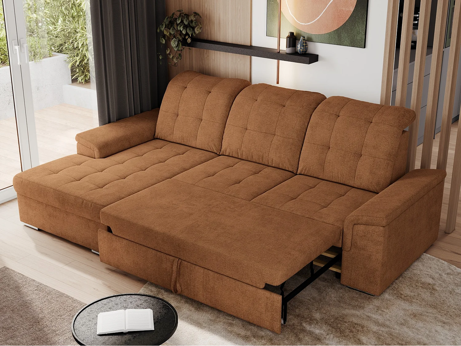 Ecksofa MADRITO - mit verstellbarer Rückenlehne, Armlehnen, gestepptem Sitz und Rückenlehne, Schlaffunktion - Orange Struktur - Ecke Links