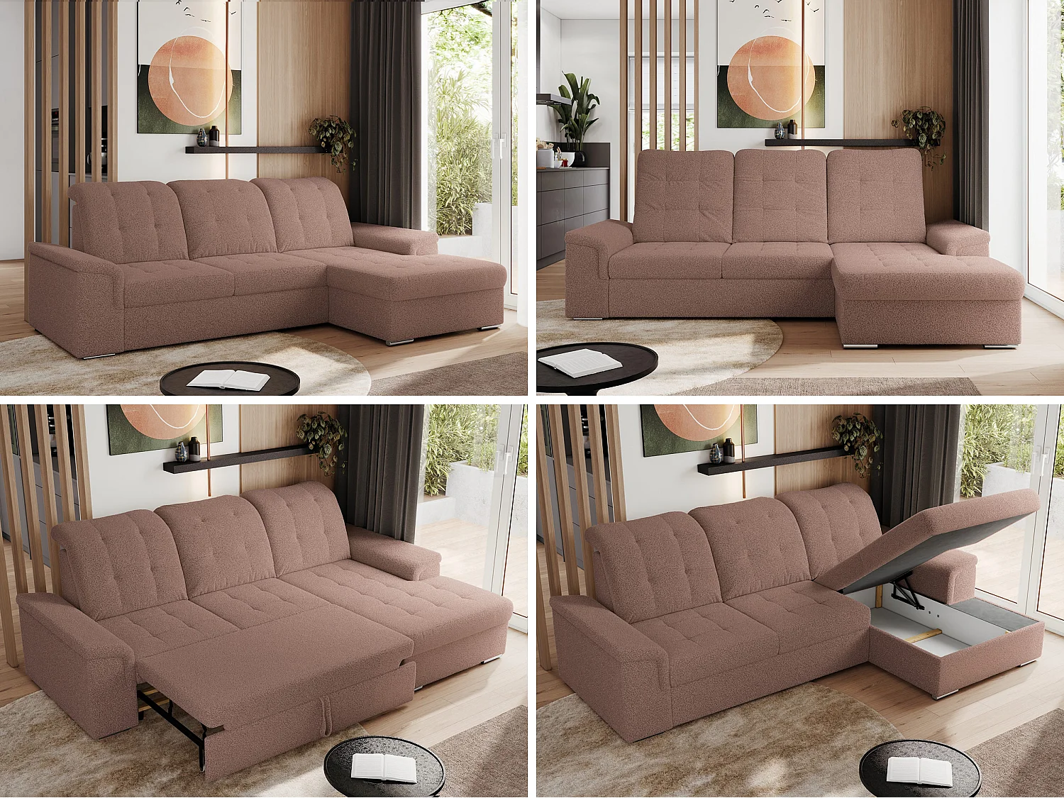 Ecksofa MADRITO - mit verstellbarer Rückenlehne, Armlehnen, gestepptem Sitz und Rückenlehne, Schlaffunktion - Rosa Boucle - Ecke Rechts