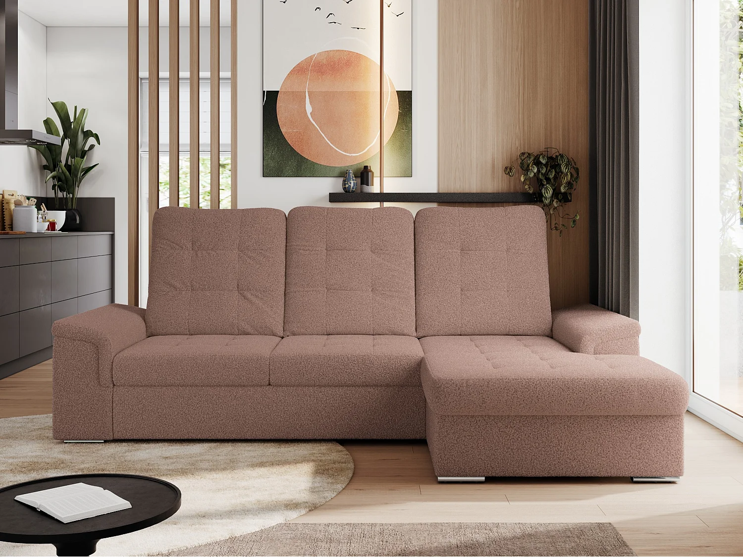 Ecksofa MADRITO - mit verstellbarer Rückenlehne, Armlehnen, gestepptem Sitz und Rückenlehne, Schlaffunktion - Rosa Boucle - Ecke Rechts