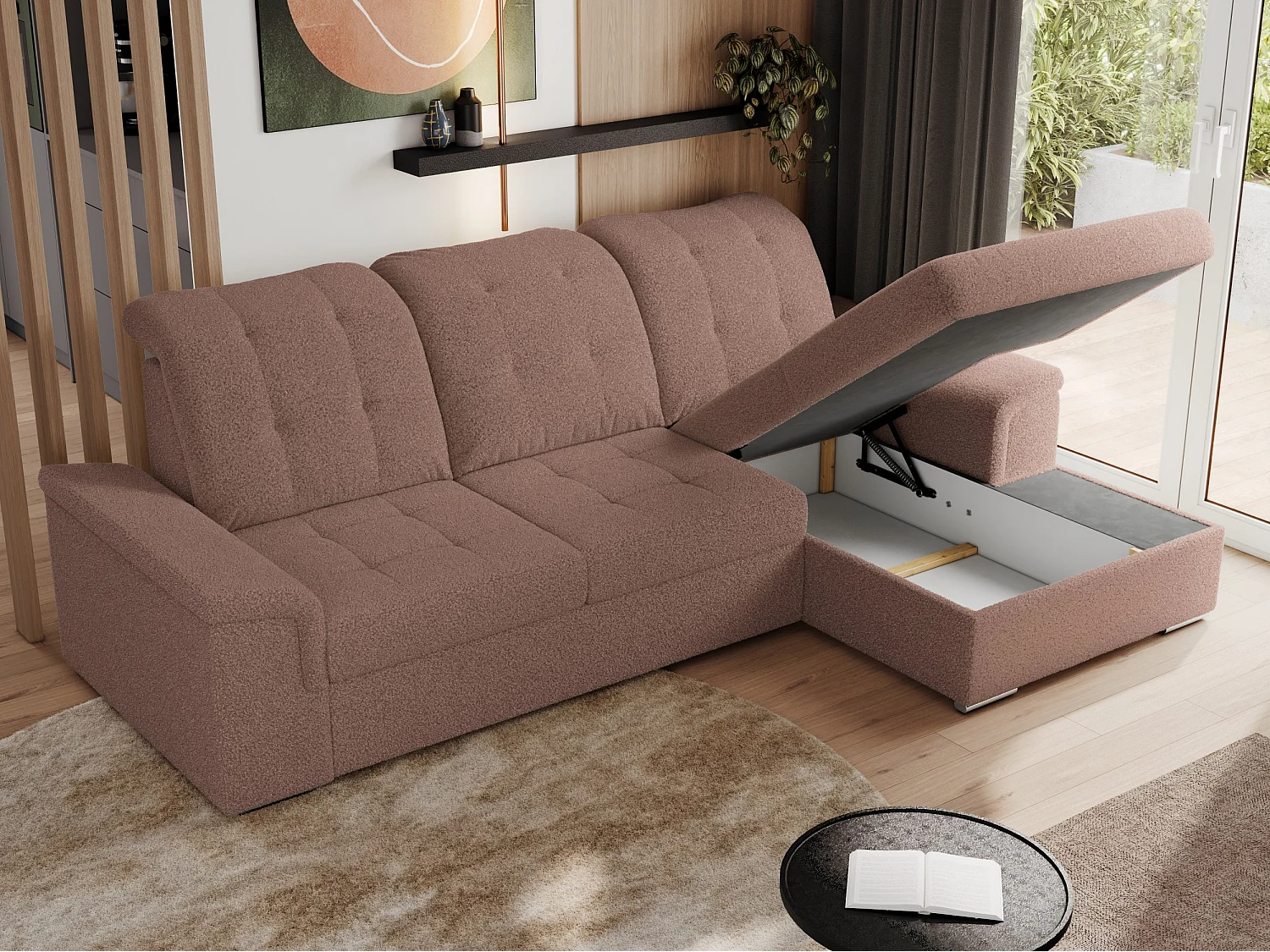 Ecksofa MADRITO - mit verstellbarer Rückenlehne, Armlehnen, gestepptem Sitz und Rückenlehne, Schlaffunktion - Rosa Boucle - Ecke Rechts