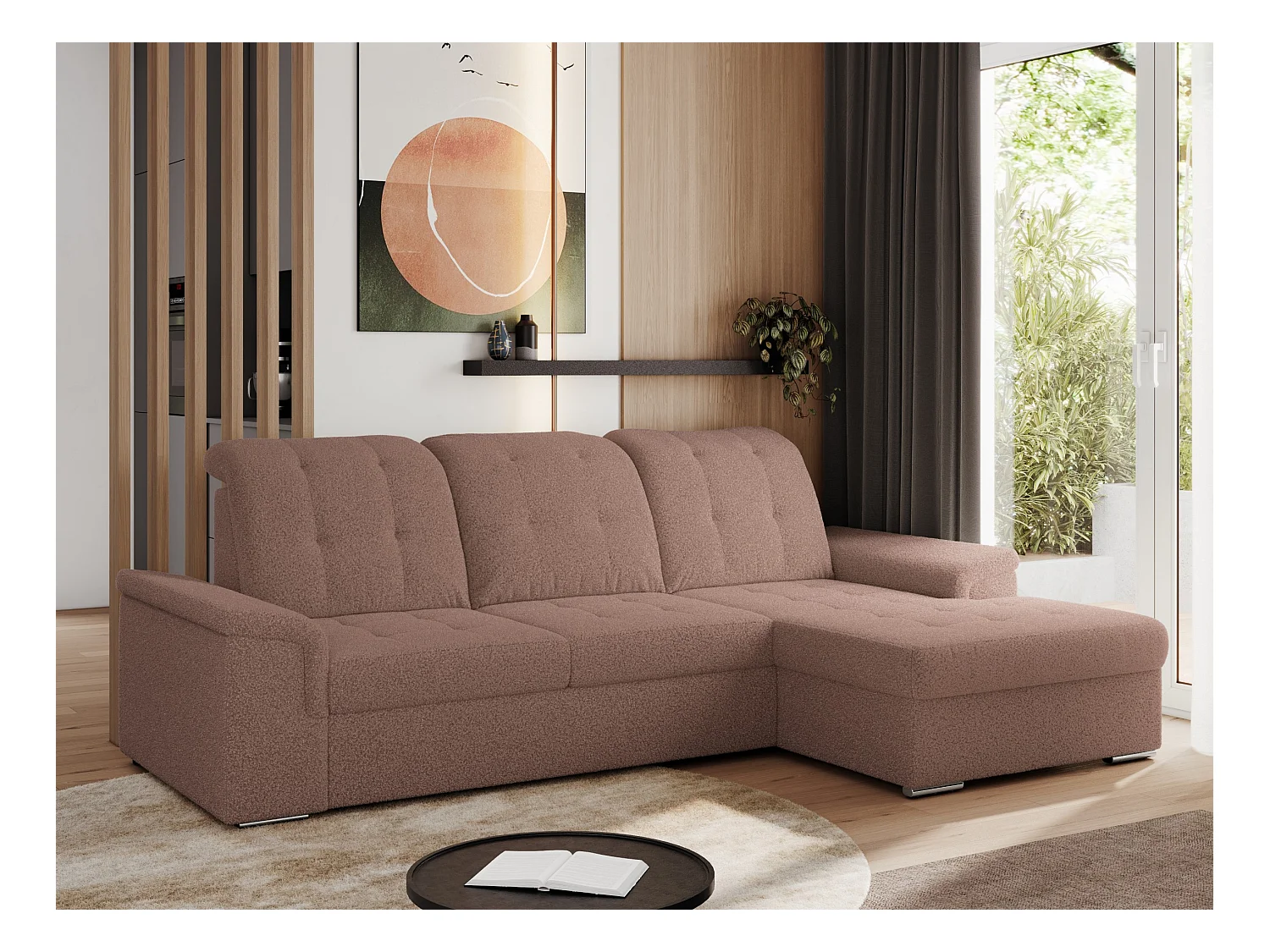 Ecksofa MADRITO - mit verstellbarer Rückenlehne, Armlehnen, gestepptem Sitz und Rückenlehne, Schlaffunktion - Rosa Boucle - Ecke Rechts