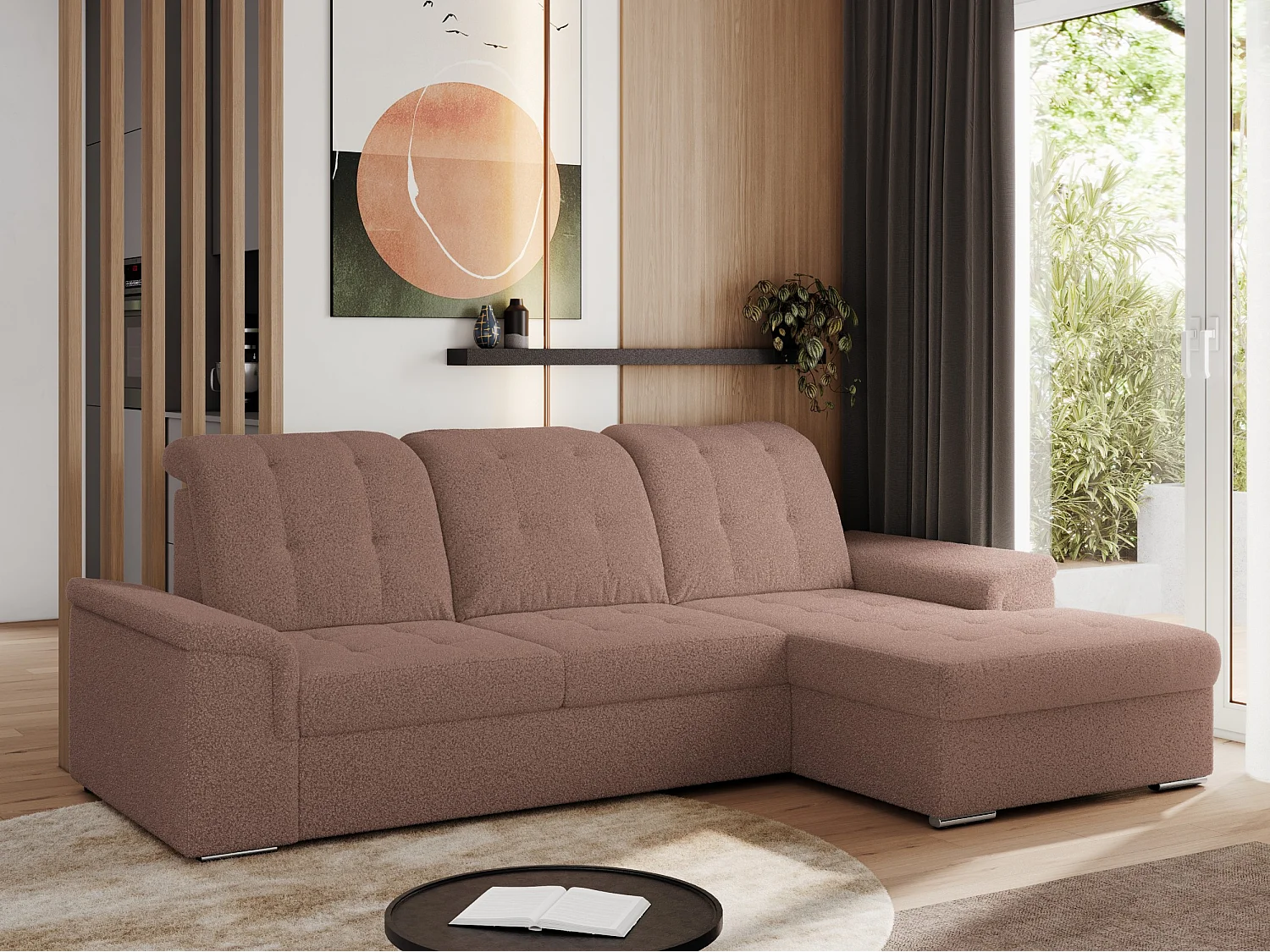 Ecksofa MADRITO - mit verstellbarer Rückenlehne, Armlehnen, gestepptem Sitz und Rückenlehne, Schlaffunktion - Rosa Boucle - Ecke Rechts