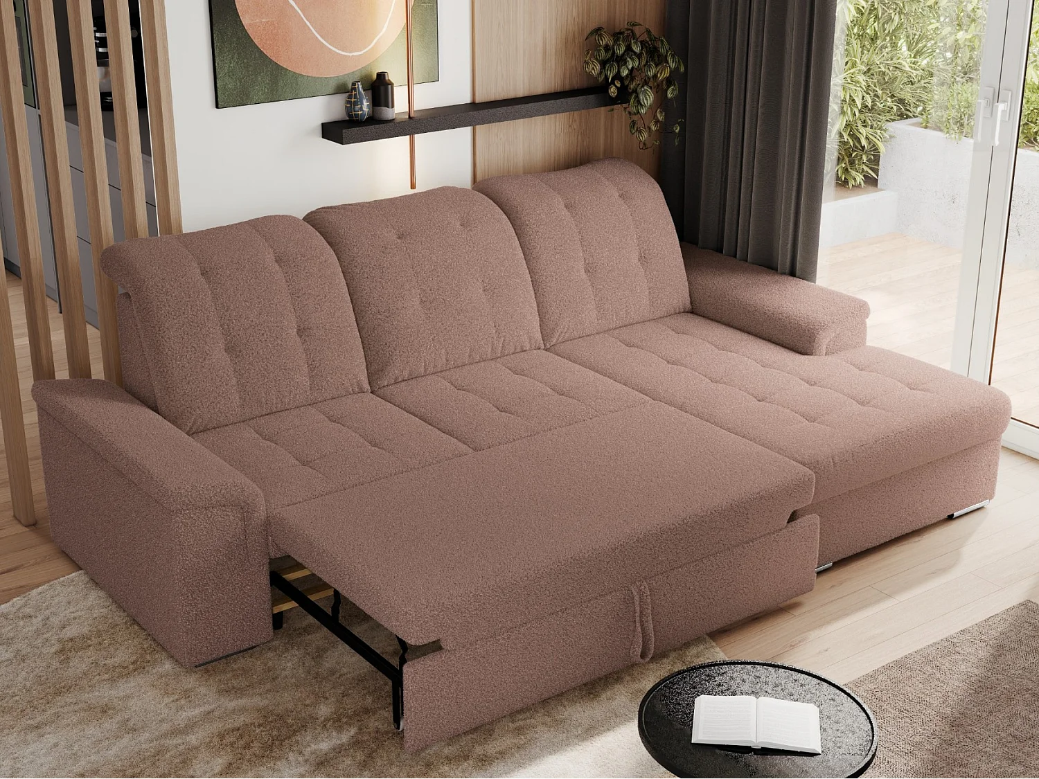 Ecksofa MADRITO - mit verstellbarer Rückenlehne, Armlehnen, gestepptem Sitz und Rückenlehne, Schlaffunktion - Rosa Boucle - Ecke Rechts