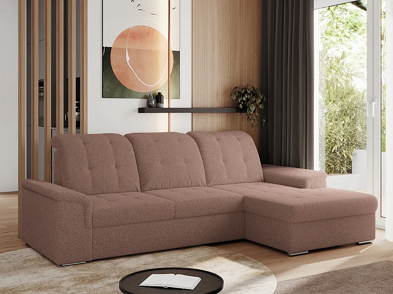 Ecksofa MADRITO - mit verstellbarer Rückenlehne, Armlehnen, gestepptem Sitz und Rückenlehne, Schlaffunktion - Rosa Boucle - Ecke Rechts