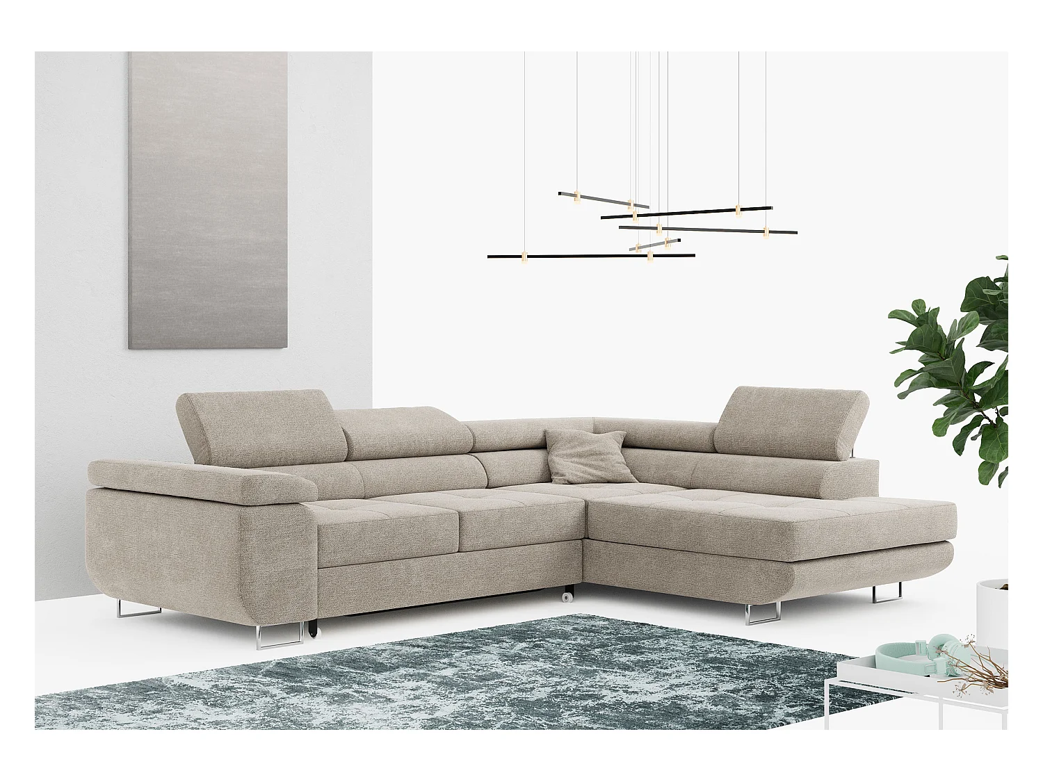 Ecksofa GUSTAW - mit Schlaffunktion, verstellbare Kopfstützen, Metallbeine - Beige Stukture - Ecke Rechts