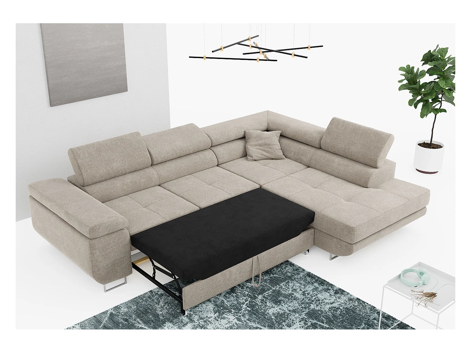 Ecksofa GUSTAW - mit Schlaffunktion, verstellbare Kopfstützen, Metallbeine - Beige Stukture - Ecke Rechts