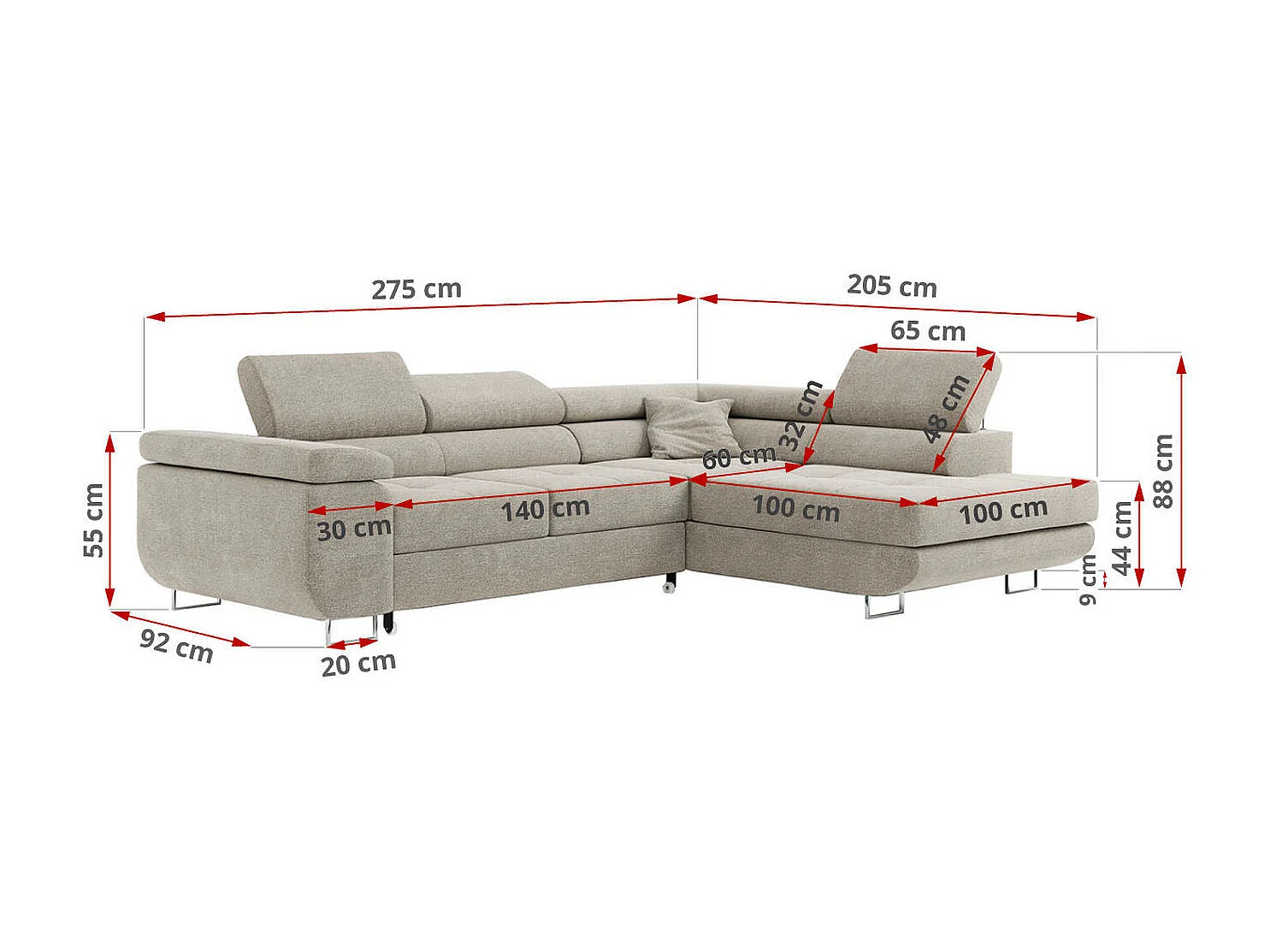 Ecksofa GUSTAW - mit Schlaffunktion, verstellbare Kopfstützen, Metallbeine - Beige Stukture - Ecke Rechts
