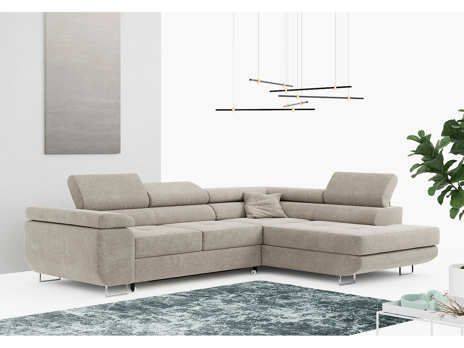 Ecksofa GUSTAW - mit Schlaffunktion, verstellbare Kopfstützen, Metallbeine - Beige Stukture - Ecke Rechts