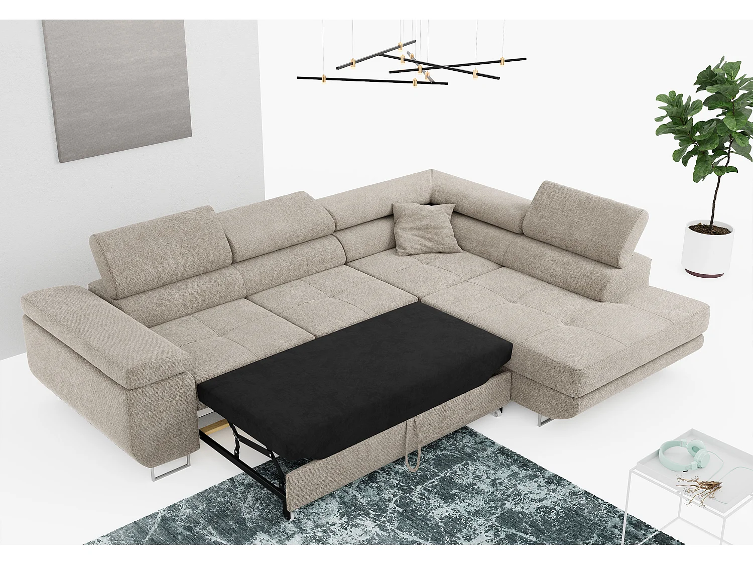 Ecksofa GUSTAW - mit Schlaffunktion, verstellbare Kopfstützen, Metallbeine - Beige Stukture - Ecke Rechts