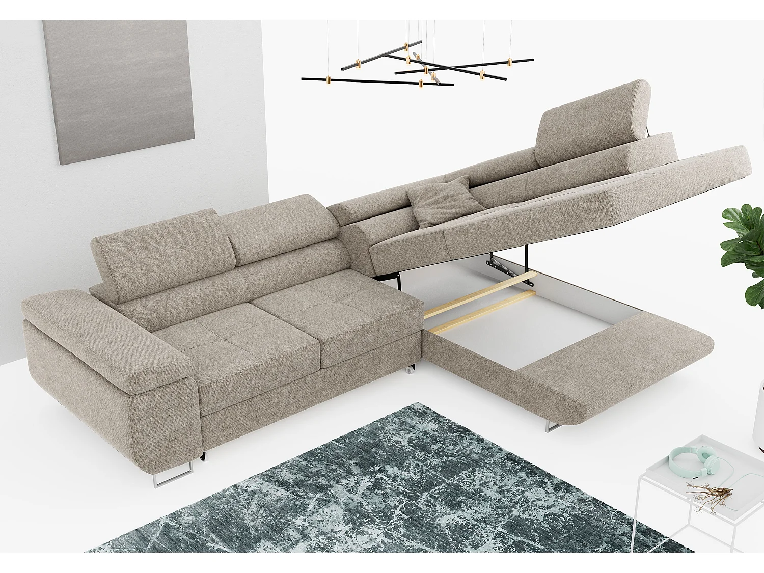 Ecksofa GUSTAW - mit Schlaffunktion, verstellbare Kopfstützen, Metallbeine - Beige Stukture - Ecke Rechts