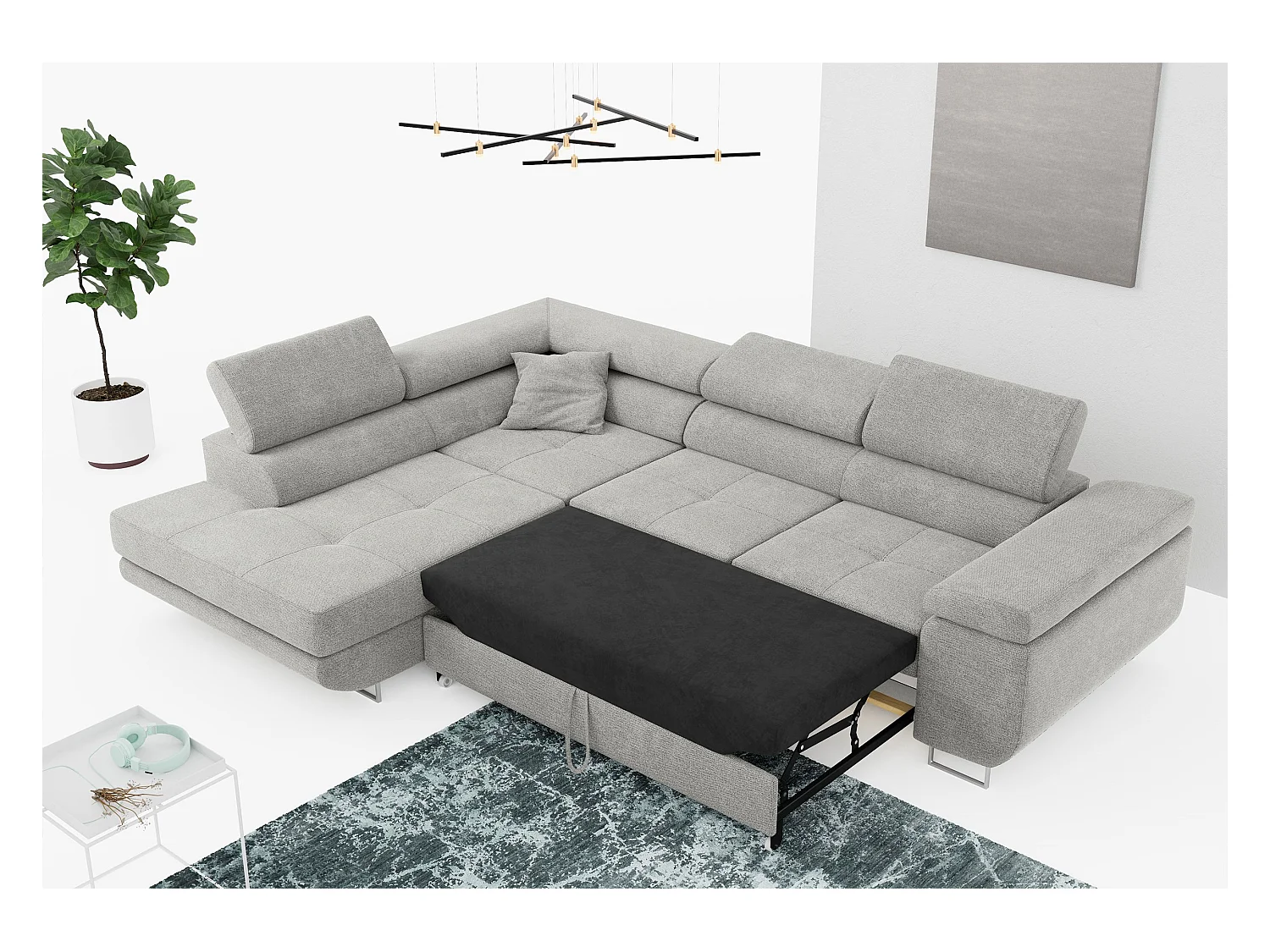 Ecksofa GUSTAW - mit Schlaffunktion, verstellbare Kopfstützen, Metallbeine - Hellgrau Stukture - Ecke Links