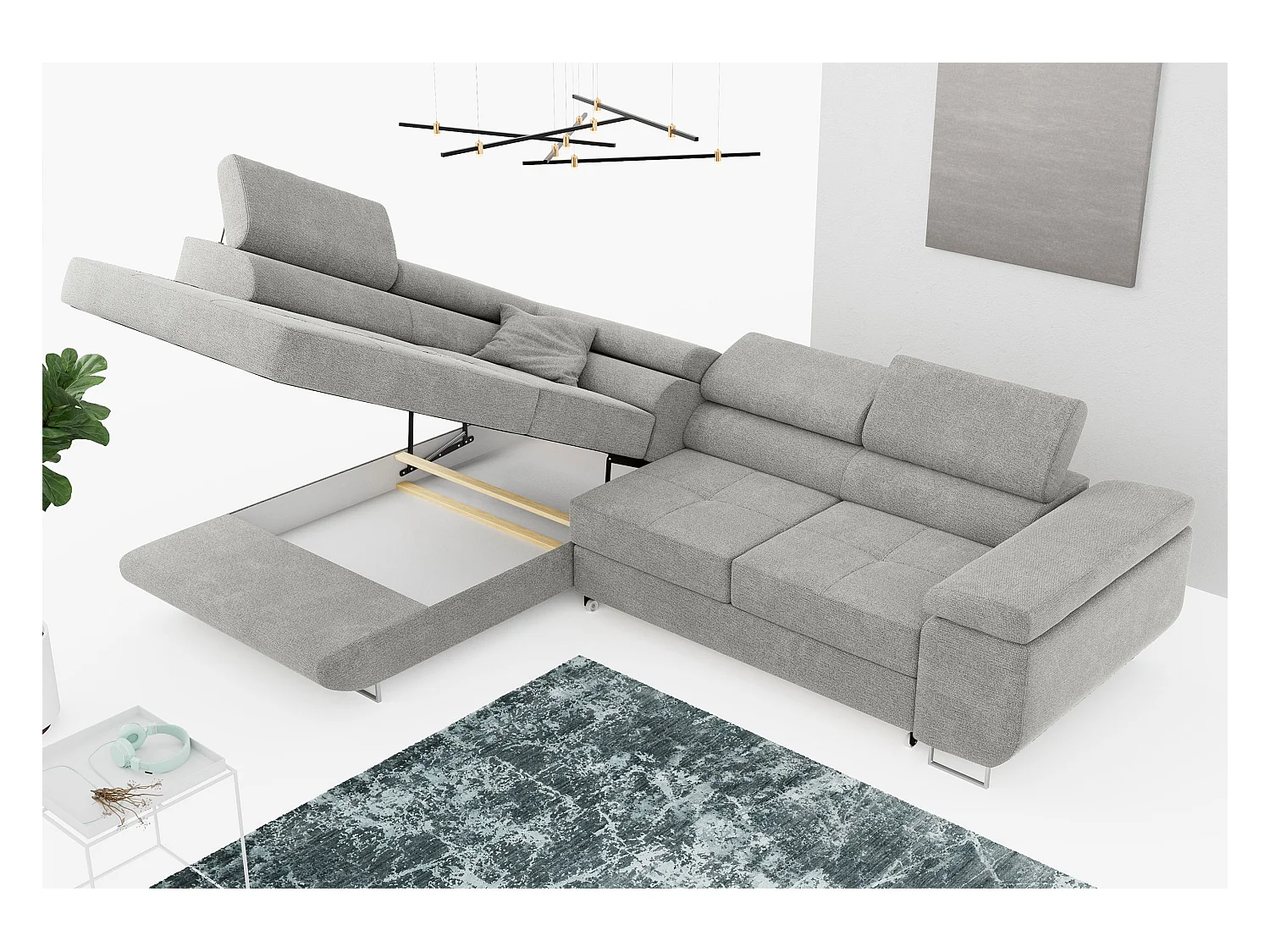 Ecksofa GUSTAW - mit Schlaffunktion, verstellbare Kopfstützen, Metallbeine - Hellgrau Stukture - Ecke Links