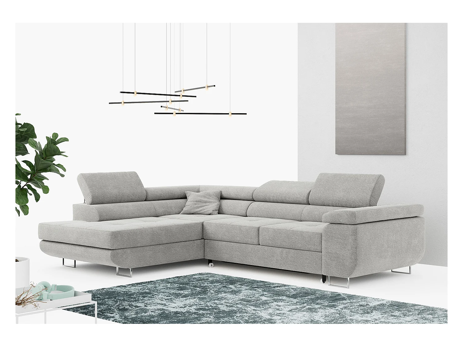 Ecksofa GUSTAW - mit Schlaffunktion, verstellbare Kopfstützen, Metallbeine - Hellgrau Stukture - Ecke Links