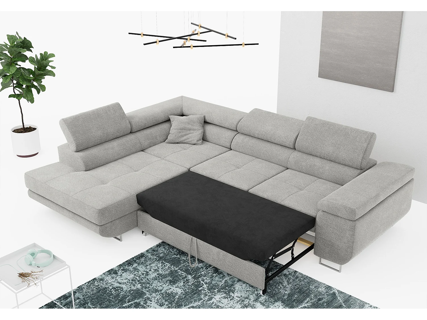 Ecksofa GUSTAW - mit Schlaffunktion, verstellbare Kopfstützen, Metallbeine - Hellgrau Stukture - Ecke Links