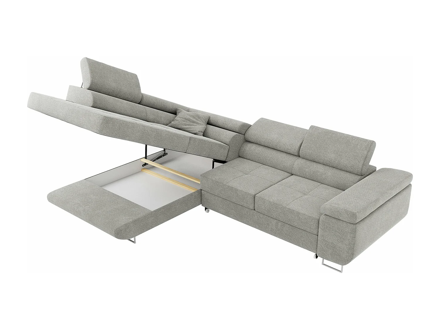 Ecksofa GUSTAW - mit Schlaffunktion, verstellbare Kopfstützen, Metallbeine - Hellgrau Stukture - Ecke Links