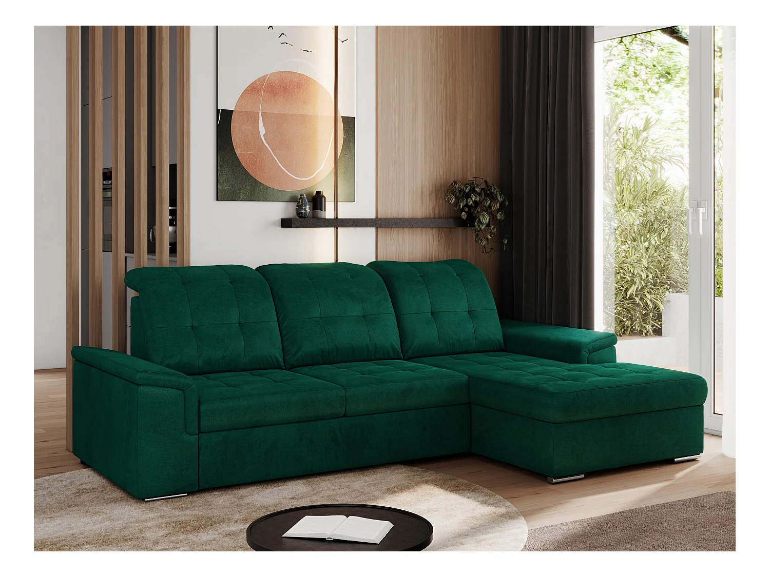 Ecksofa MADRITO - mit verstellbarer Rückenlehne, Armlehnen, gestepptem Sitz und Rückenlehne, Schlaffunktion - DunkelGrün Velvet - Ecke Rechts