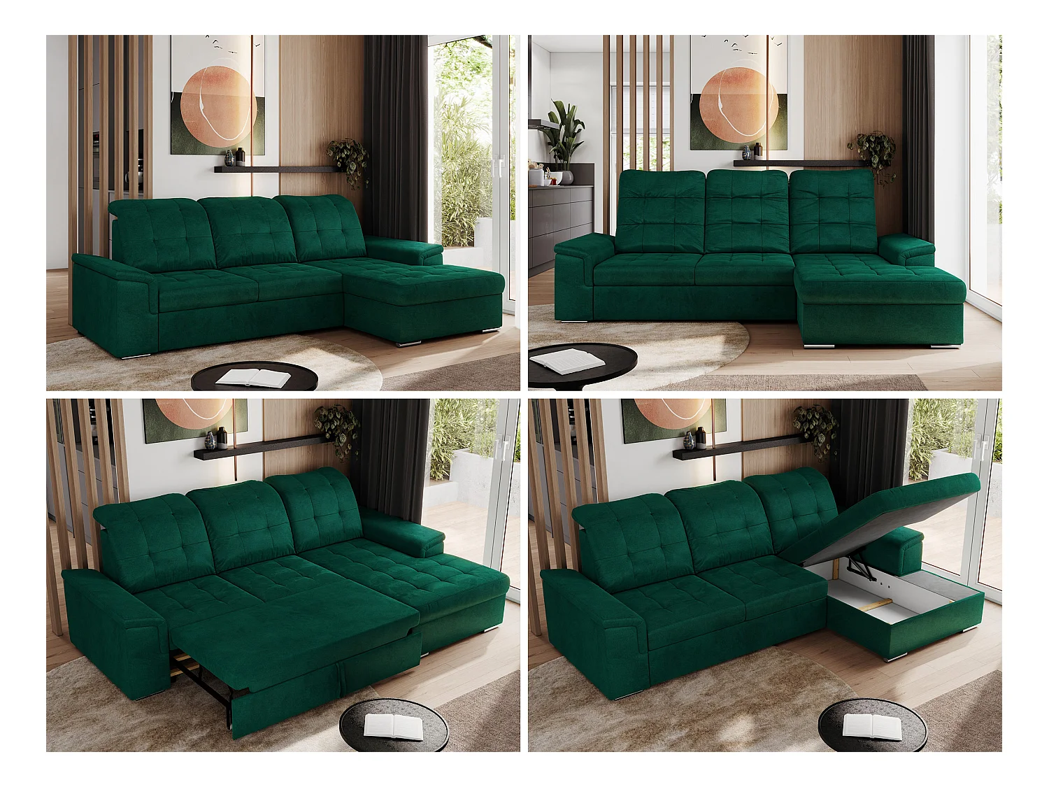 Ecksofa MADRITO - mit verstellbarer Rückenlehne, Armlehnen, gestepptem Sitz und Rückenlehne, Schlaffunktion - DunkelGrün Velvet - Ecke Rechts