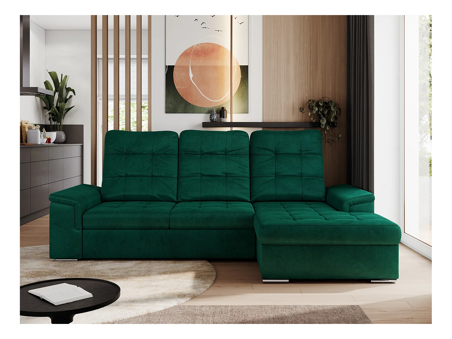 Ecksofa MADRITO - mit verstellbarer Rückenlehne, Armlehnen, gestepptem Sitz und Rückenlehne, Schlaffunktion - DunkelGrün Velvet - Ecke Rechts