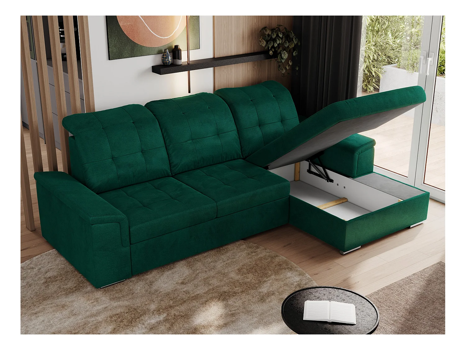 Ecksofa MADRITO - mit verstellbarer Rückenlehne, Armlehnen, gestepptem Sitz und Rückenlehne, Schlaffunktion - DunkelGrün Velvet - Ecke Rechts