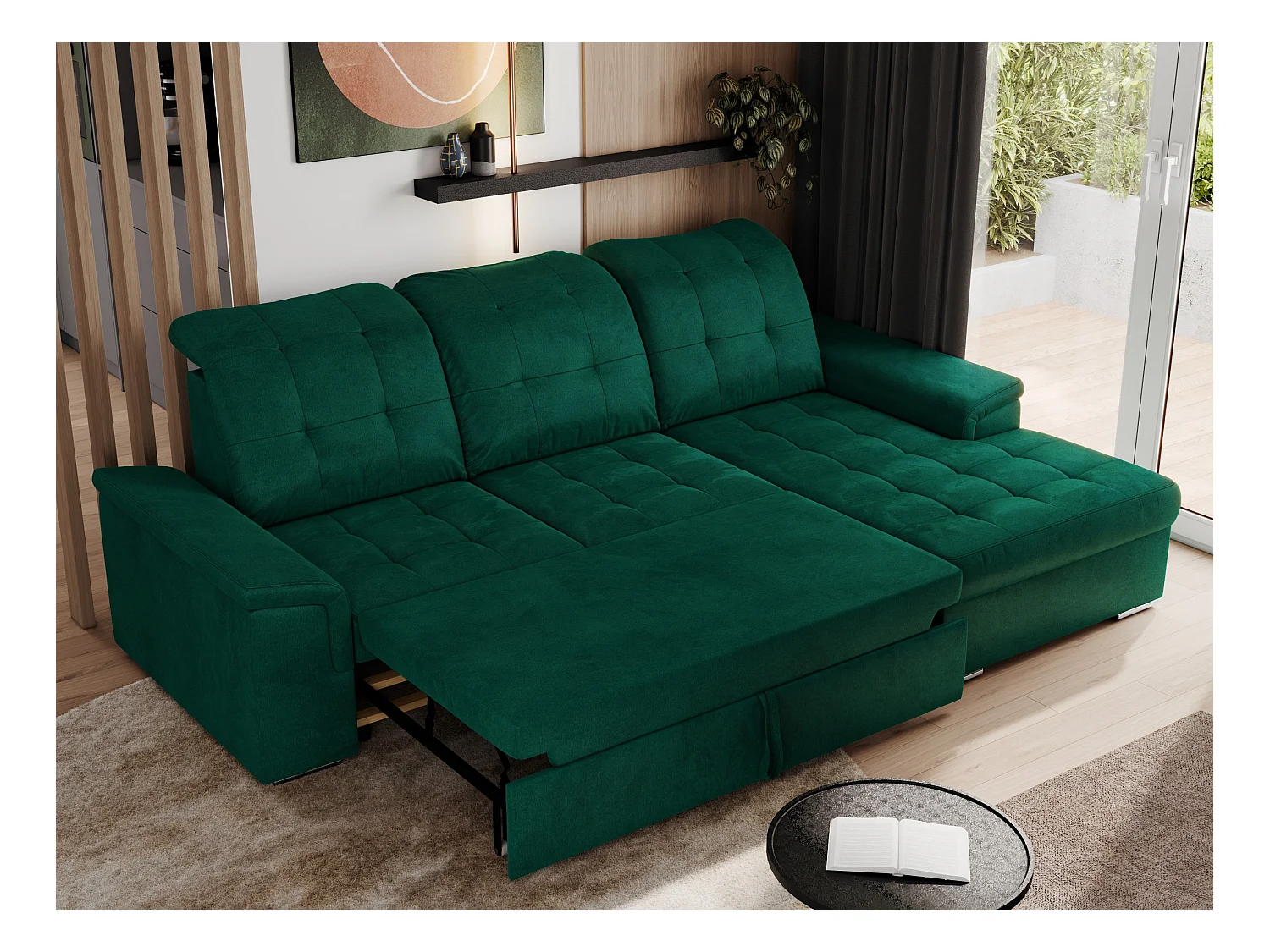 Ecksofa MADRITO - mit verstellbarer Rückenlehne, Armlehnen, gestepptem Sitz und Rückenlehne, Schlaffunktion - DunkelGrün Velvet - Ecke Rechts