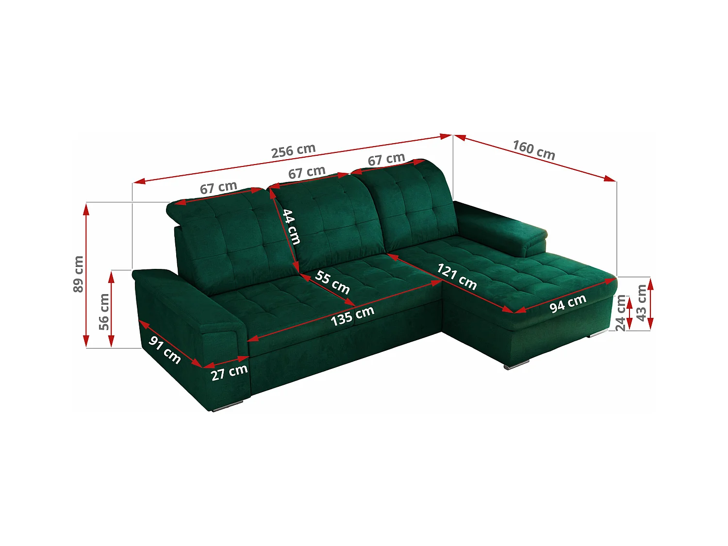 Ecksofa MADRITO - mit verstellbarer Rückenlehne, Armlehnen, gestepptem Sitz und Rückenlehne, Schlaffunktion - DunkelGrün Velvet - Ecke Rechts