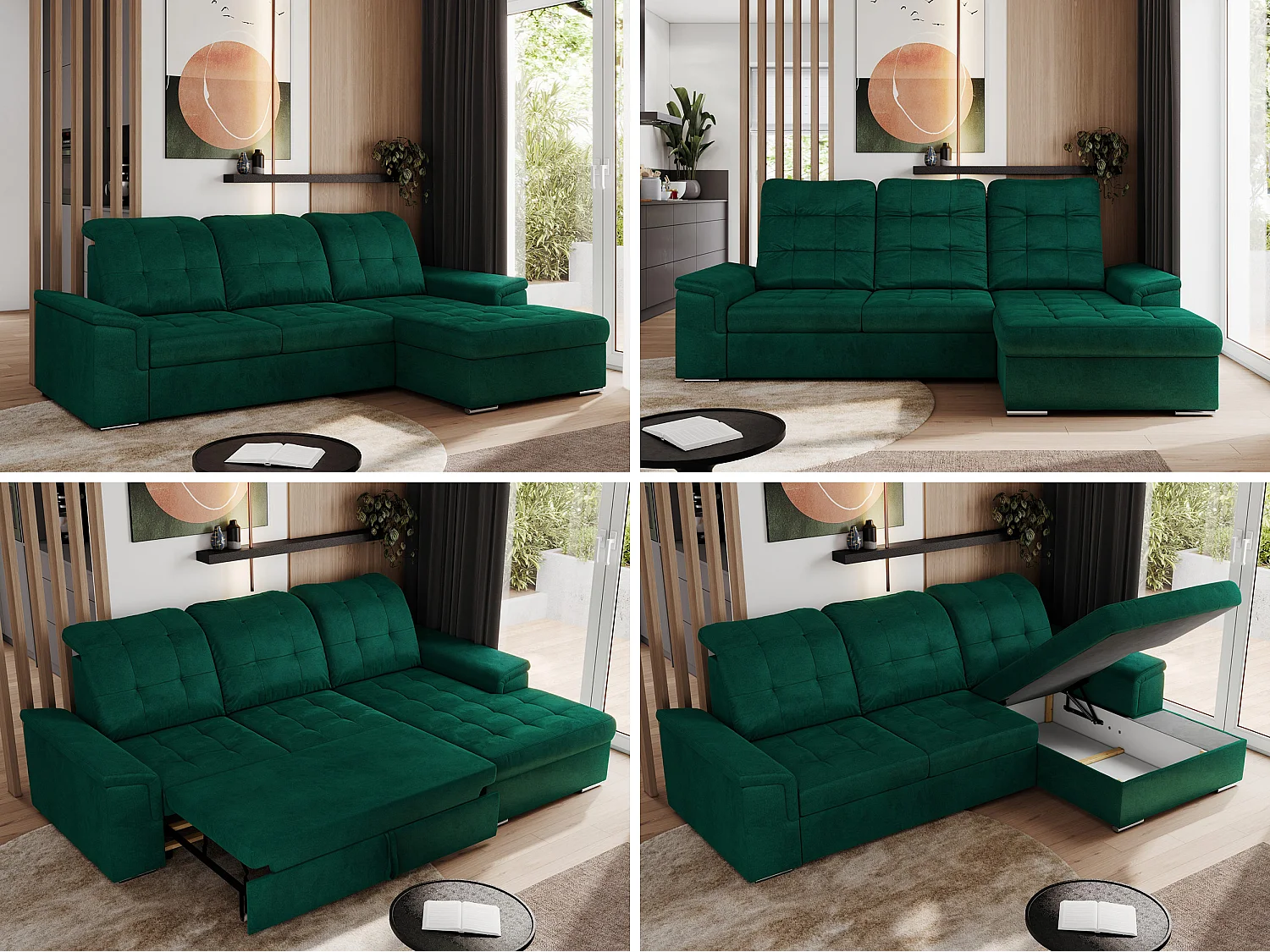 Ecksofa MADRITO - mit verstellbarer Rückenlehne, Armlehnen, gestepptem Sitz und Rückenlehne, Schlaffunktion - DunkelGrün Velvet - Ecke Rechts