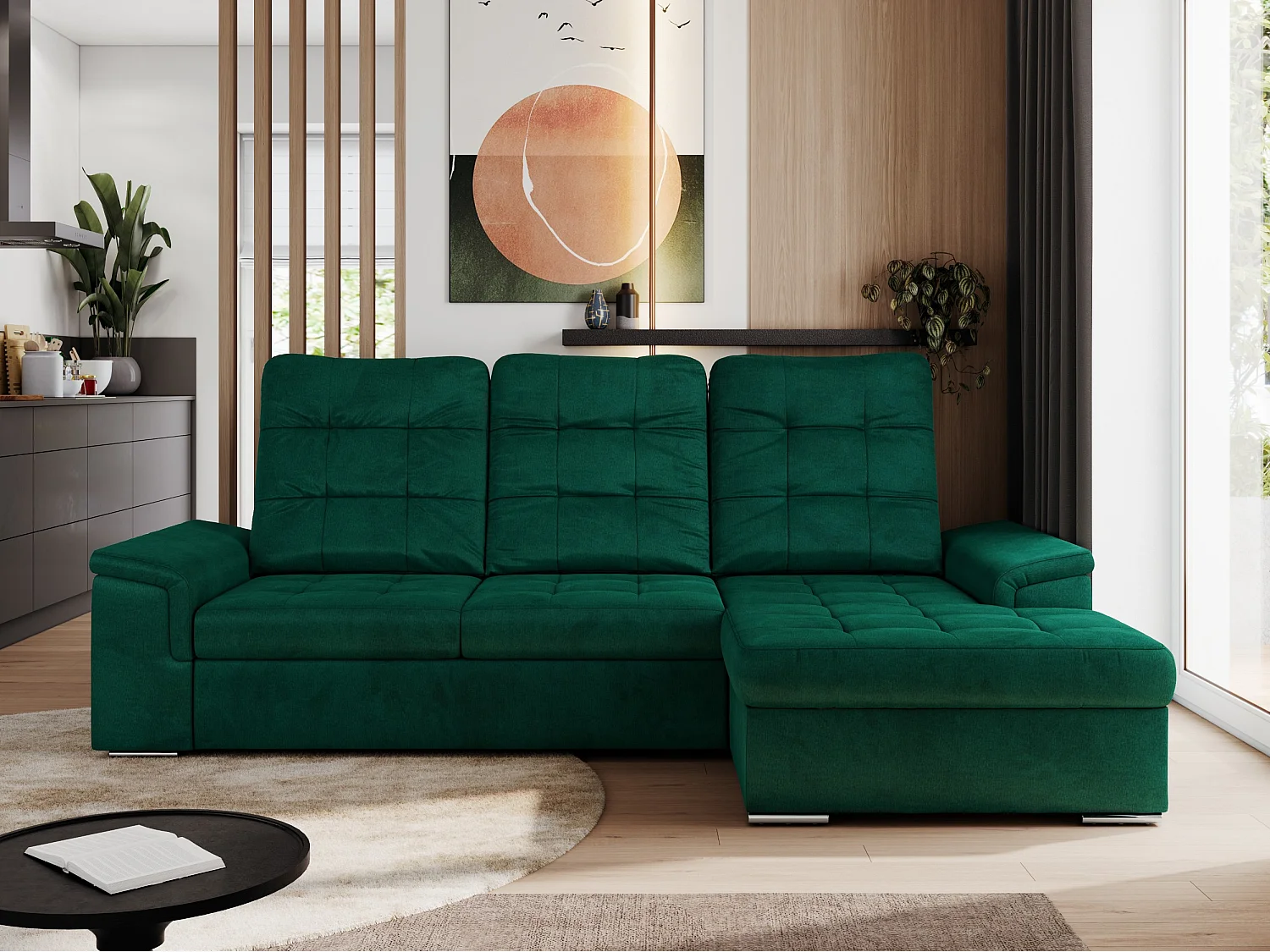 Ecksofa MADRITO - mit verstellbarer Rückenlehne, Armlehnen, gestepptem Sitz und Rückenlehne, Schlaffunktion - DunkelGrün Velvet - Ecke Rechts