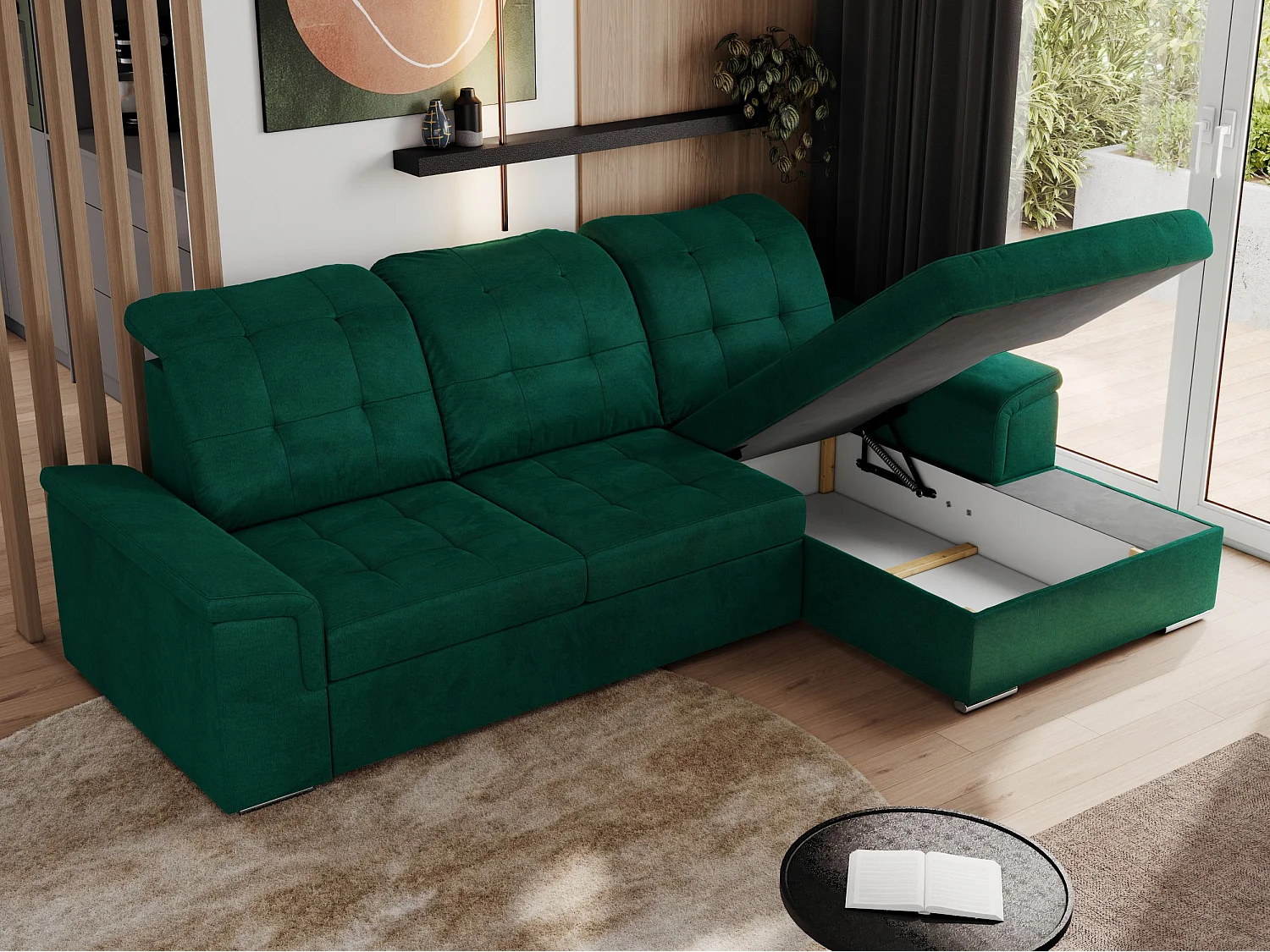 Ecksofa MADRITO - mit verstellbarer Rückenlehne, Armlehnen, gestepptem Sitz und Rückenlehne, Schlaffunktion - DunkelGrün Velvet - Ecke Rechts