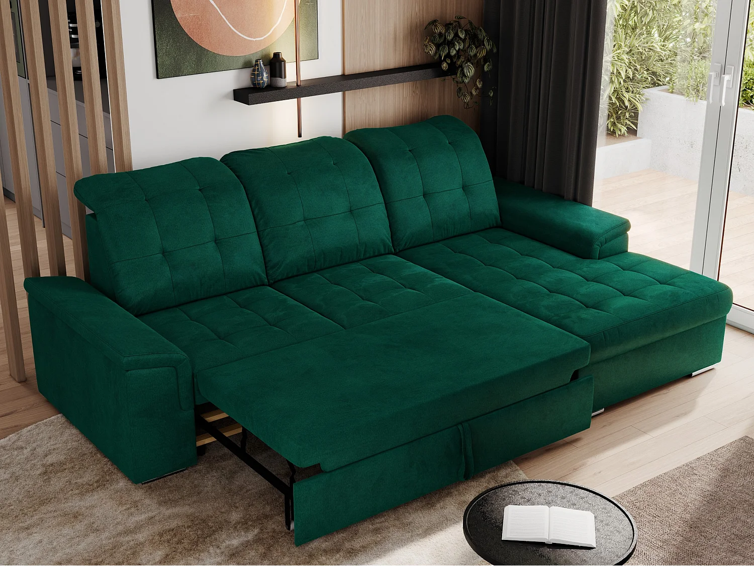 Ecksofa MADRITO - mit verstellbarer Rückenlehne, Armlehnen, gestepptem Sitz und Rückenlehne, Schlaffunktion - DunkelGrün Velvet - Ecke Rechts