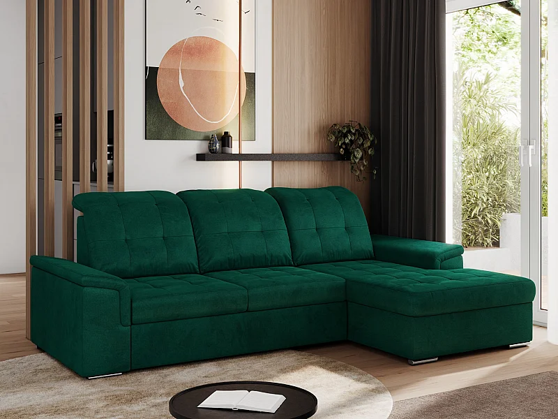 Ecksofa MADRITO - mit verstellbarer Rückenlehne, Armlehnen, gestepptem Sitz und Rückenlehne, Schlaffunktion - DunkelGrün Velvet - Ecke Rechts