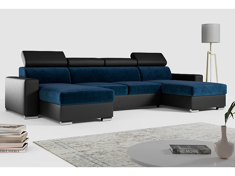 Ecksofa FOX U - verstellbare Kopfstützen, zwei Bettkästen, L-förmige Ecke mit Schlaffunktion, Armlehnen - Dunkelblau, Schwarz - Velvet, Kunstleder