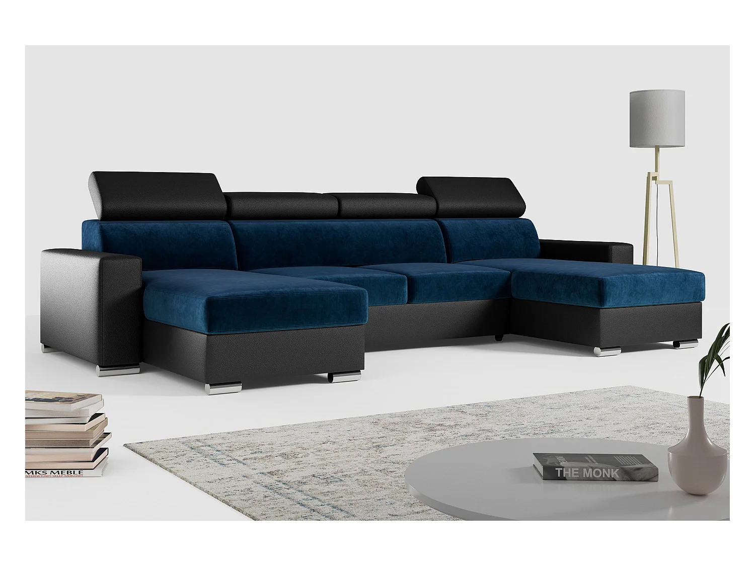 Ecksofa FOX U - verstellbare Kopfstützen, zwei Bettkästen, L-förmige Ecke mit Schlaffunktion, Armlehnen - Dunkelblau, Schwarz - Velvet, Kunstleder