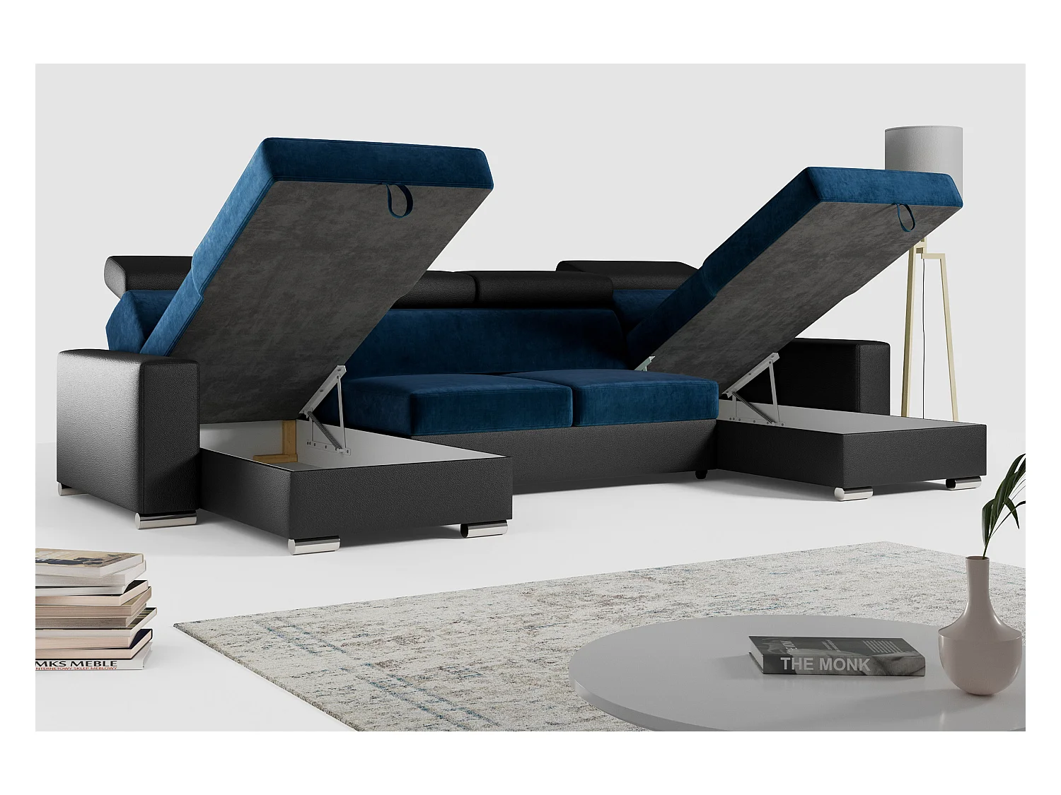 Ecksofa FOX U - verstellbare Kopfstützen, zwei Bettkästen, L-förmige Ecke mit Schlaffunktion, Armlehnen - Dunkelblau, Schwarz - Velvet, Kunstleder