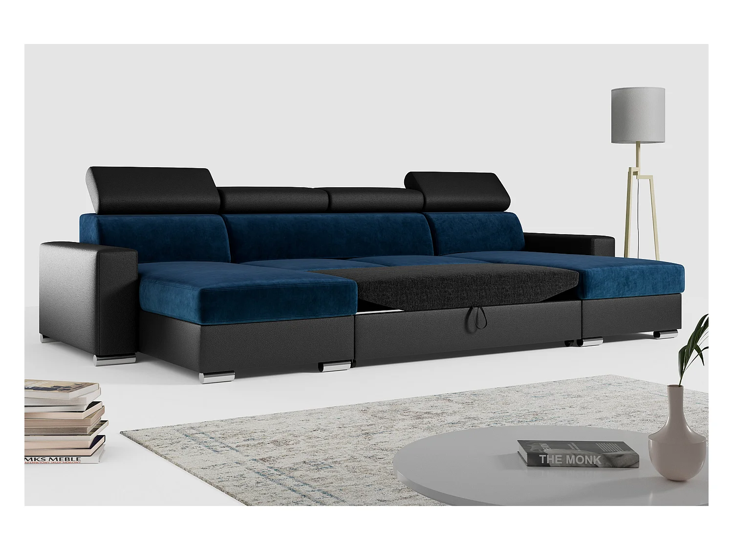 Ecksofa FOX U - verstellbare Kopfstützen, zwei Bettkästen, L-förmige Ecke mit Schlaffunktion, Armlehnen - Dunkelblau, Schwarz - Velvet, Kunstleder