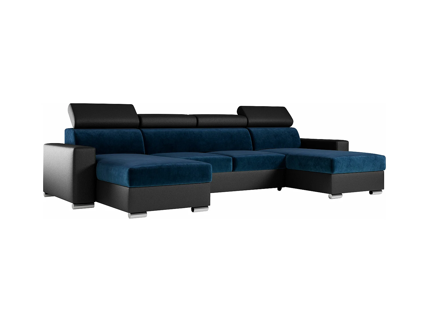 Ecksofa FOX U - verstellbare Kopfstützen, zwei Bettkästen, L-förmige Ecke mit Schlaffunktion, Armlehnen - Dunkelblau, Schwarz - Velvet, Kunstleder