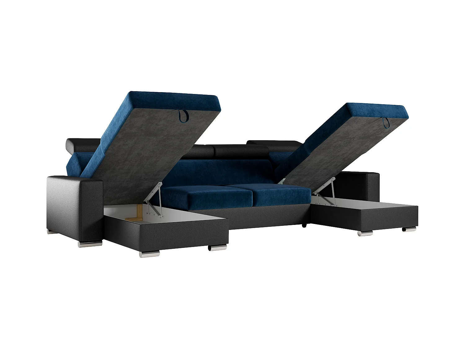 Ecksofa FOX U - verstellbare Kopfstützen, zwei Bettkästen, L-förmige Ecke mit Schlaffunktion, Armlehnen - Dunkelblau, Schwarz - Velvet, Kunstleder