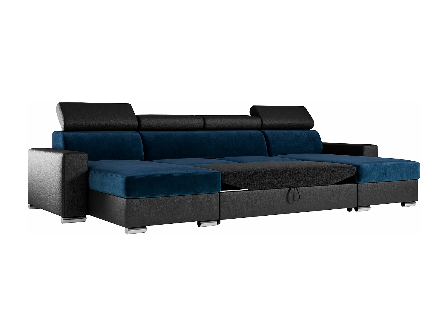 Ecksofa FOX U - verstellbare Kopfstützen, zwei Bettkästen, L-förmige Ecke mit Schlaffunktion, Armlehnen - Dunkelblau, Schwarz - Velvet, Kunstleder