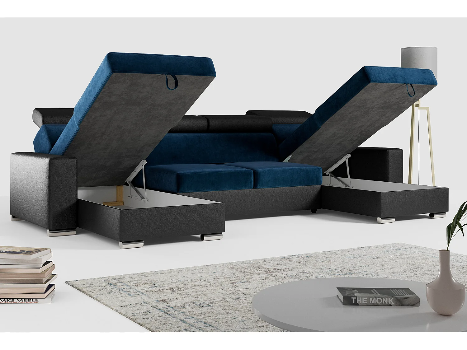 Ecksofa FOX U - verstellbare Kopfstützen, zwei Bettkästen, L-förmige Ecke mit Schlaffunktion, Armlehnen - Dunkelblau, Schwarz - Velvet, Kunstleder