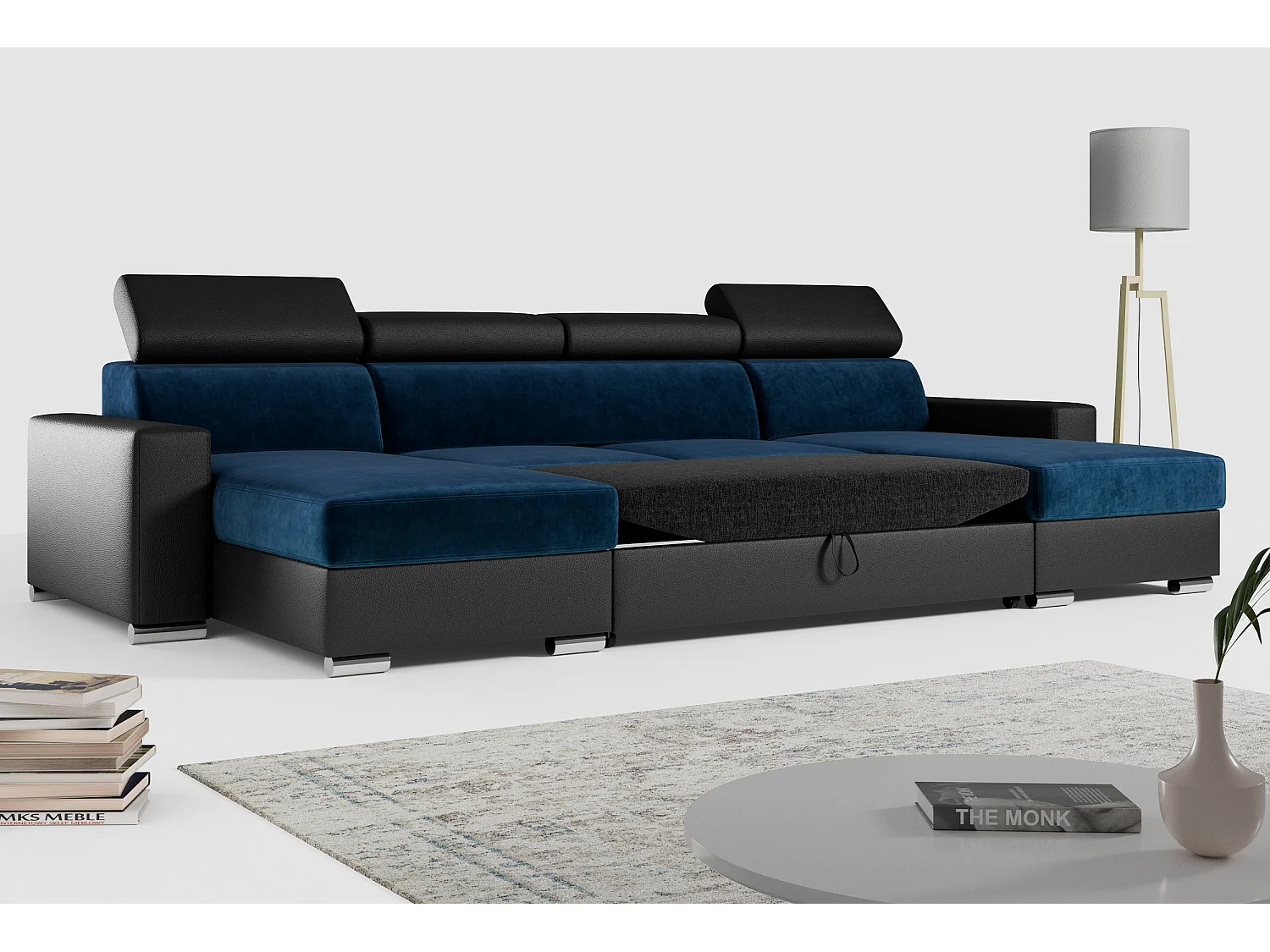 Ecksofa FOX U - verstellbare Kopfstützen, zwei Bettkästen, L-förmige Ecke mit Schlaffunktion, Armlehnen - Dunkelblau, Schwarz - Velvet, Kunstleder