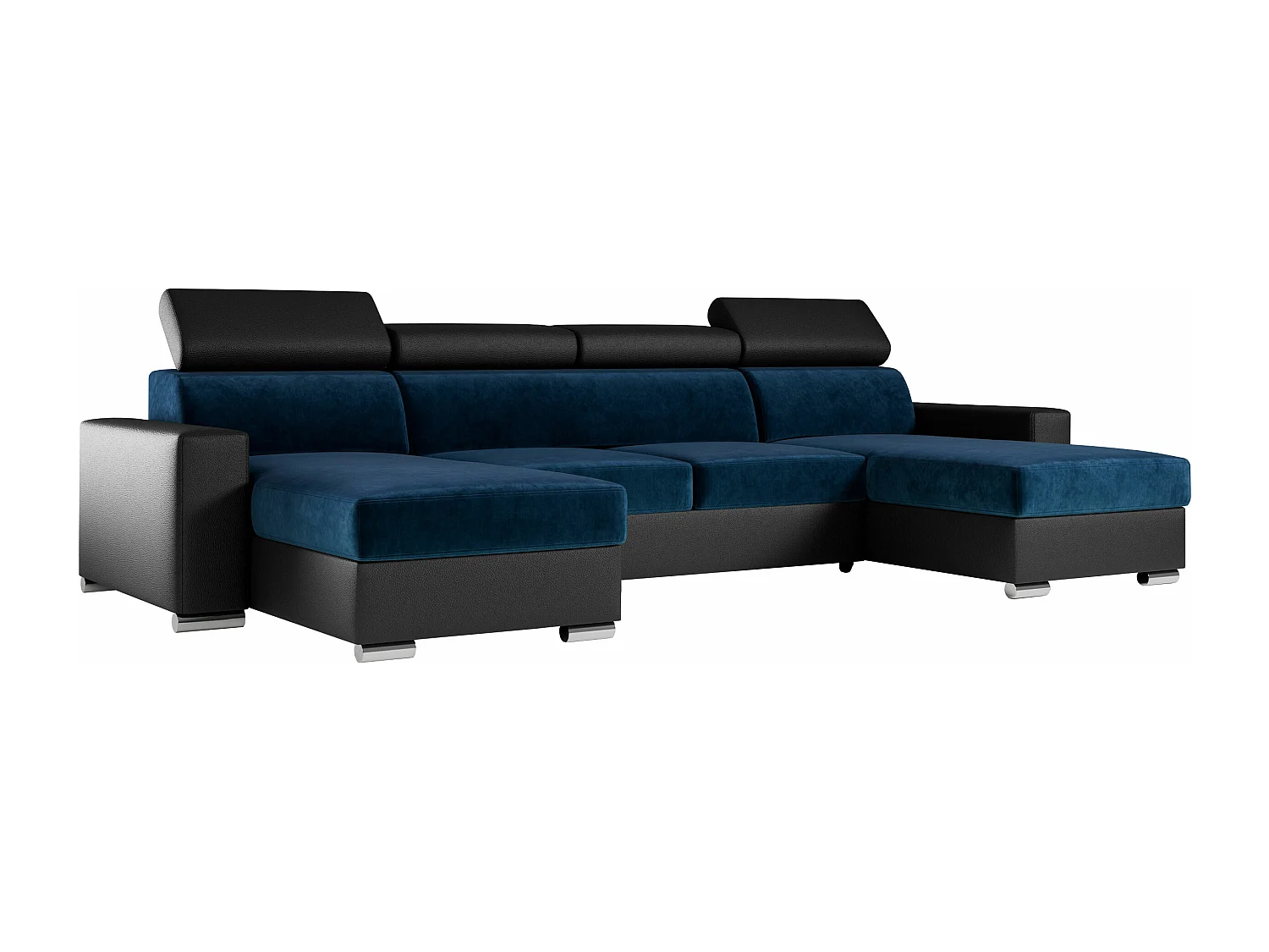 Ecksofa FOX U - verstellbare Kopfstützen, zwei Bettkästen, L-förmige Ecke mit Schlaffunktion, Armlehnen - Dunkelblau, Schwarz - Velvet, Kunstleder