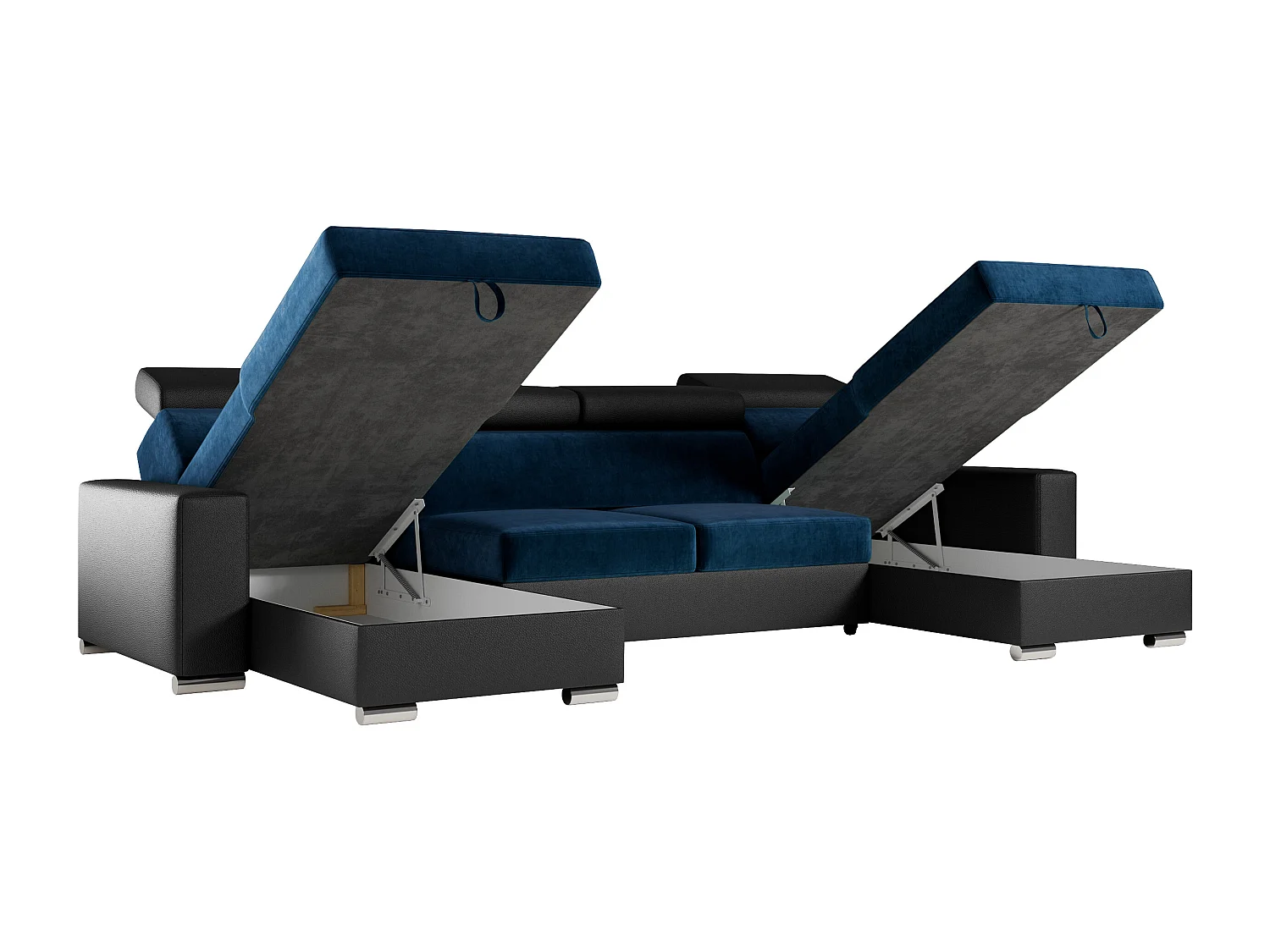 Ecksofa FOX U - verstellbare Kopfstützen, zwei Bettkästen, L-förmige Ecke mit Schlaffunktion, Armlehnen - Dunkelblau, Schwarz - Velvet, Kunstleder