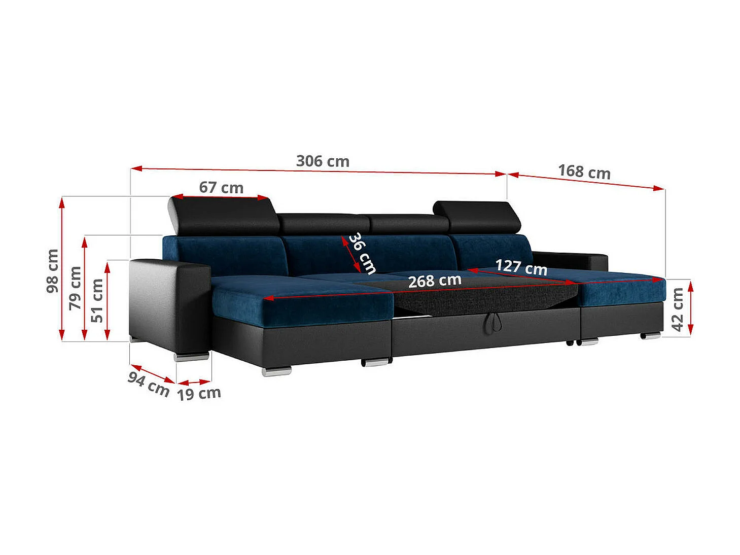 Ecksofa FOX U - verstellbare Kopfstützen, zwei Bettkästen, L-förmige Ecke mit Schlaffunktion, Armlehnen - Dunkelblau, Schwarz - Velvet, Kunstleder
